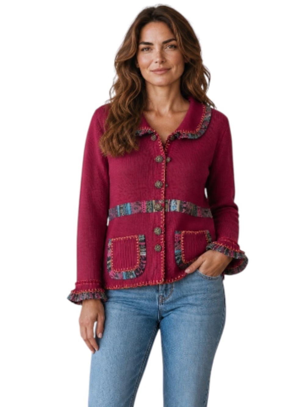 Vintage Storybook Knits Women's Burgundy Patchwork Trim Knit Cardigan M